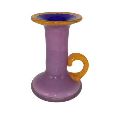 Jarrón de vidrio único púrpura naranja azul pintado a mano firmado pero desconocido artista Foto 1 de 4