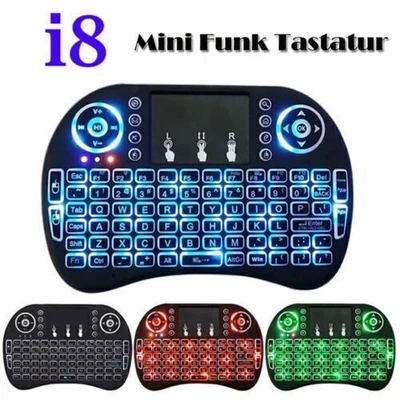 Funk Tastatur i8 Touchpad PC Wireless Keyboard Backlit Deutsch LED Keypads FB - Bild 1 von 4