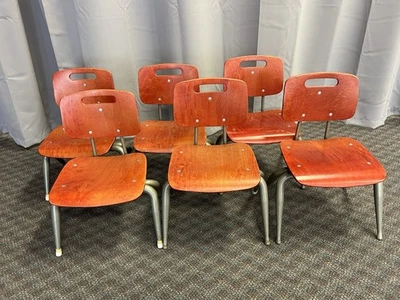 Vintage Metal & Wood Stacking School Chairs SET OF 6 Raymond Loewy BRUNSWICK lot - Image 1 of 4