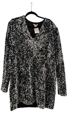 H&M Vestido túnica de fiesta manga larga con cuello en V lentejuelas negro y plateado XL Foto 1 de 4