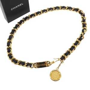 CHANEL Used CC Logo Chain Belt Gold Plated Leather Navy Vintage #EH928 S - Bild 1 von 10