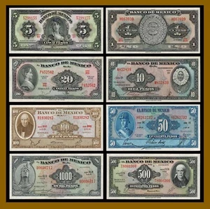 Mexico 1 5 10 20 50 100 500 1000 Pesos (8 Pcs Set) 1951- 1978 P-51-60 Unc - Picture 1 of 8