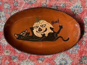 Cazan Cabin Craft Redware Pottery Halloween Black Cat Pumpkin Plate Signed - Picture 1 of 7