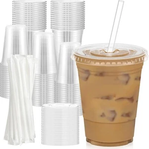 100 Pack - 16 oz Clear Plastic Cups with Lids and Straws, Sturdy & Food Safe Ice - Picture 1 of 4