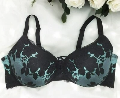 Sexy Sujetador Torrid Curve Negro Verde azulado Floral Con aros PushUp Plunge Entrecruzado 42DDD Foto 1 de 4