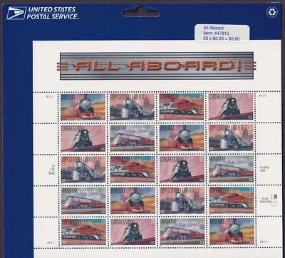Scott #3337a (3333-3337) All Aboard! Trains Sheet of 20 Stamps - Sealed Blue - Image 1 of 3