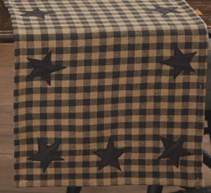 72" Black Star Patch Applique Checked Table Runner Rustic Country w/ Khaki Tan - Picture 1 of 11