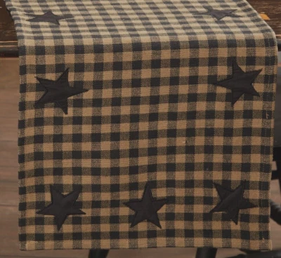 72" Black Star Patch Applique Checked Table Runner Rustic Country w/ Khaki Tan - Image 1 of 4