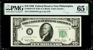 $10 1950 FRN Philadelphia "Reverse Changeover Pair" PMG 65 & 66 EPQ Gem UNC. - Picture 1 of 4