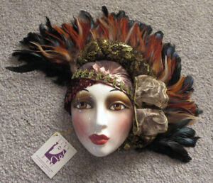 Clay Art Ceramic Face Wall Mask with Feathers, Gorgeous Wall Hanging