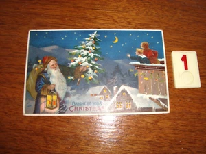 HTL Hold To Light Blue Santa With Tree Children Village Postcard - Picture 1 of 7