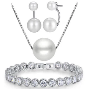 PERLEN SCHMUCKSET 925 STERLING SILBER HALSKETTE PERLE KETTE OHRRINGE ARMBAND NEU - Bild 1 von 6