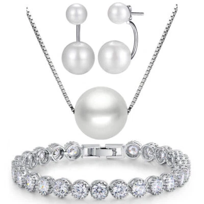 PERLEN SCHMUCKSET 925 STERLING SILBER HALSKETTE PERLE KETTE OHRRINGE ARMBAND NEU - Bild 1 von 4