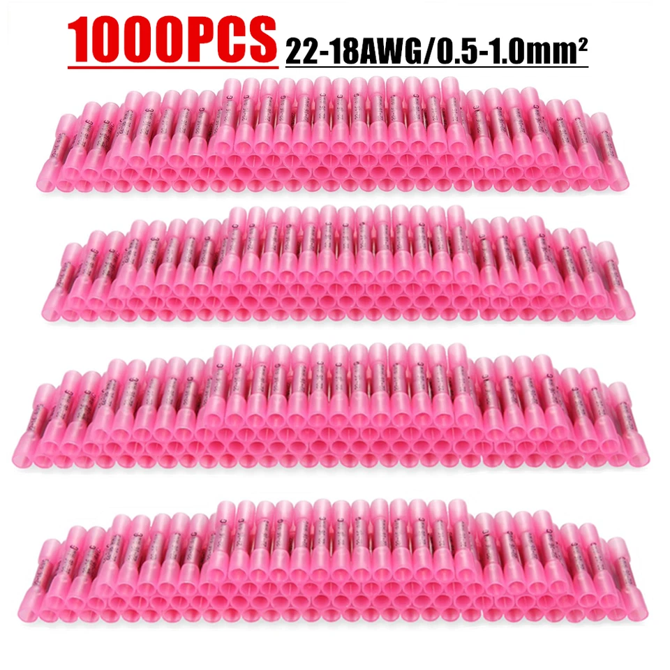 1000Pcs Heat Shrink Waterproof Wire Connectors Red 22-18AWG Butt Seal Terminals - Image 1 of 4