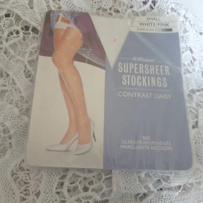 Vintage 80s Stockings White Pink Daisy St Michael Supersheer Sz S - Image 1 of 4