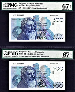 Belgium 2 Consecutive 500 Francs 1982-98 Pick-143 Sign 5 & 15 GEM UNC PMG 67 EPQ - Picture 1 of 2