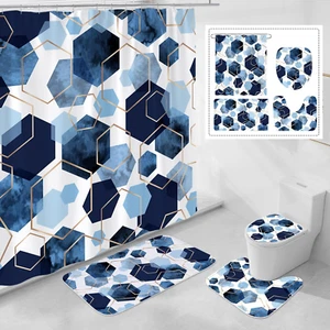 4 Pcs Navy Blue Modern Geometric Shower Curtain Set with Non-Slip Rugs, Toilet L - Picture 1 of 12