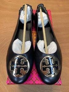 Tory Burch Women's Claire Ballet Flats Goat Leather US 8.5 Black/Gold - Picture 1 of 13
