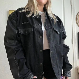 Vintage Harley Davidson Black Denim Leather Trim Embroidered Patch Work Jacket  - Bild 1 von 8