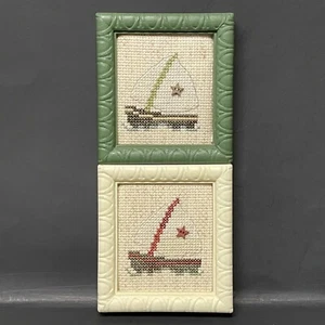 SAILBOATS Counted CROSS STITCH Miniature 2 Framed Pictures 3.5" x 3.75" - Imagen 1 de 5