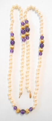 Beautiful Amethyst Ribbed Gold Bead Cultured Pearl 14K Yellow Gold Necklace 31" - Image 1 of 4