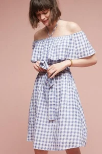 Vestido Anthropologie TYLHO L KINSEY Hombro Descubierto Acampanado Forrado Guinga Nuevo con Etiquetas - Imagen 1 de 4