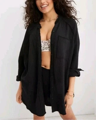 Aerie 黑色纱布超大纽扣衬衫上衣 XS 柔软棉质沙滩休闲 — 第 1/4 张图片