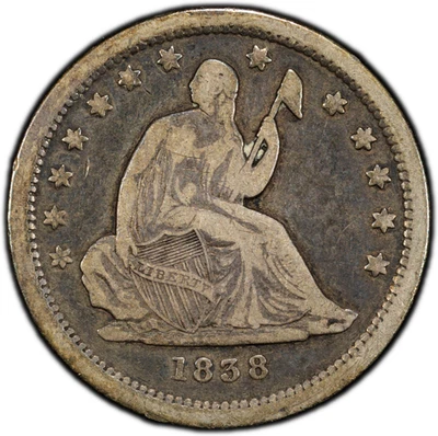 1838 Liberty Seated Quarter No Drapery PCGS VF-20 - Gold Shield with TrueViews - Image 1 of 2