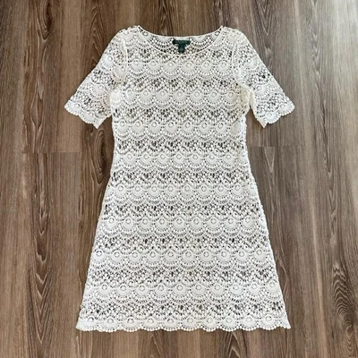 Ralph Lauren White Crochet Lace Dress Sz L Knee Length Overlay Boho Party - Image 1 of 4