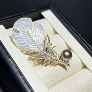 Tahitian Pearl Brooch CZ Zirconia & White Butterfly Shell - Picture 1 of 7