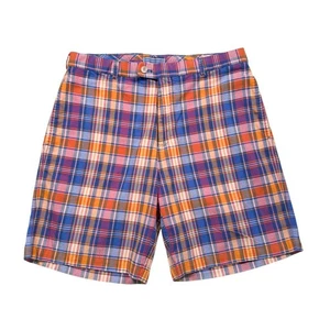 Peter Millar Mens Golf Shorts 34 Blue Orange Plaid Cotton Flat Front 9" Inseam - Picture 1 of 6