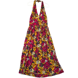 Depeche Mode Damenkleid Größe 14 rot gelb Blumen Neckholder Maxi Viskose hergestellt in den USA - Bild 1 von 10