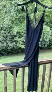 Victorias Secret Long Black Maxi Slip Dress Sz Lg Satin & Lace Crisscross Back - Picture 1 of 23