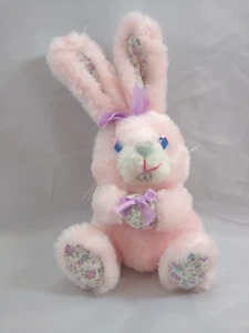 RARE 90s Pink Bunny Easter Plush - Holding Egg Floral Accents Purple Bows Teeth - Picture 1 of 15