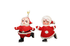 Lot of 2 Vintage Flocked Ornaments Santa & Mrs Claus Ice Skating MCM Mid-Century