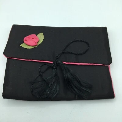 Bolsa bolsa de maquillaje joyería artículos de tocador vintage triple pliegue negro/rosa satinado Foto 1 de 4