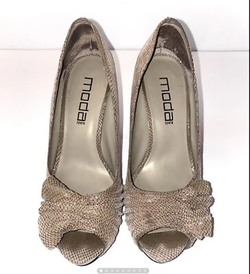 Moda Spana Mujer Talla 9 Peep Toe Tacones Marrón Estampado Piel de Serpiente Medio Lazo Foto 1 de 4