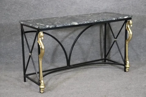 Maison Charles Style Brass Horse and Steel Verdi Marble Console Table circa 1970 Cover