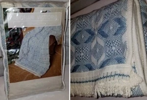 VTG NEW Snowflake Afghan Victoria 100% Acrylic 50x60 Blanket Blue white Fringe - Picture 1 of 12