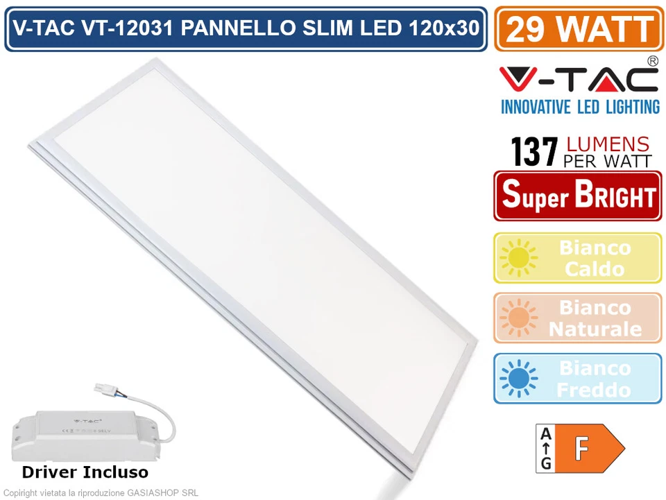 V-TAC VT-12031 PANNELLO LED RETTANGOLARE 120X30 29W SMD CON DRIVER INCLUSO - Immagine 1 di 1