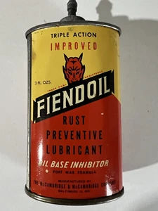 1940's VTG FIENDOIL 3OZ LEAD TOP OILER CAN GUN OIL ADVERTISING TIN DEVIL HEAD - Picture 1 of 7