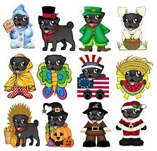 Black Pug Seasonal 3 in. Stickers (Set of 12)
