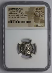 ROMAN EMPIRE AR Denarius Vitellius AD 69 NGC Ch XF 4/4 Fine Style - Picture 1 of 5