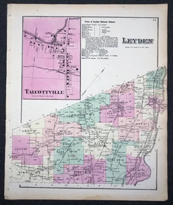 Mapa original del condado de Lewis de Nueva York de Cervezas 1875 - Mapa a color antiguo de Talcottville Leyden - Imagen 1 de 1