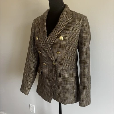 Nine West Woman XS Metallic Herringbone Gold Button Double Breasted Blazer Indie - Image 1 of 4