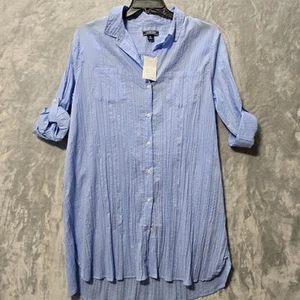 Lands' End Button Up Roll Tab Sleeve Dress/Shirt Women XL 18 Blue Crinkle Cotton - Bild 1 von 7
