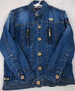 Boys Motorcycle Button Up Jean Jacket Size 4 Blue Patches Embroidered - Picture 1 of 11