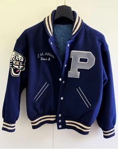 Navy blue Vintage varsity jacket size M, "P" patch, tiger sleeve, striped cuffs. - Picture 1 of 2