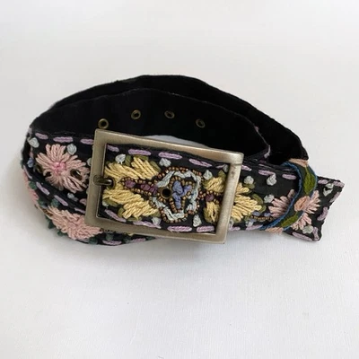Crewel Embroidered Beaded Black Belt Floral Boho Metal Buckle - Image 1 of 4