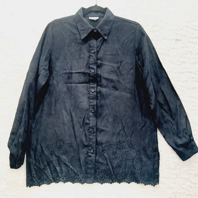 Blouse Size L XL Black Sueded Lace Eyelet Goth Dark Academia Fairy Long Sleeve - Image 1 of 4